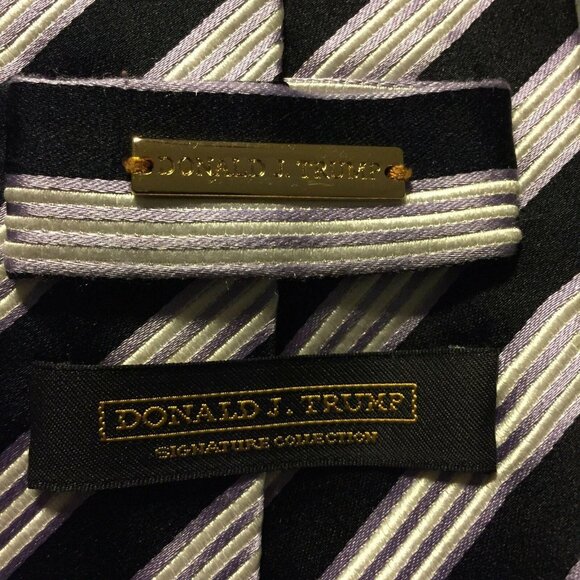Donald Trump Mens Signature Collection Tie Black White Violet Striped 100% Silk - Picture 7 of 7